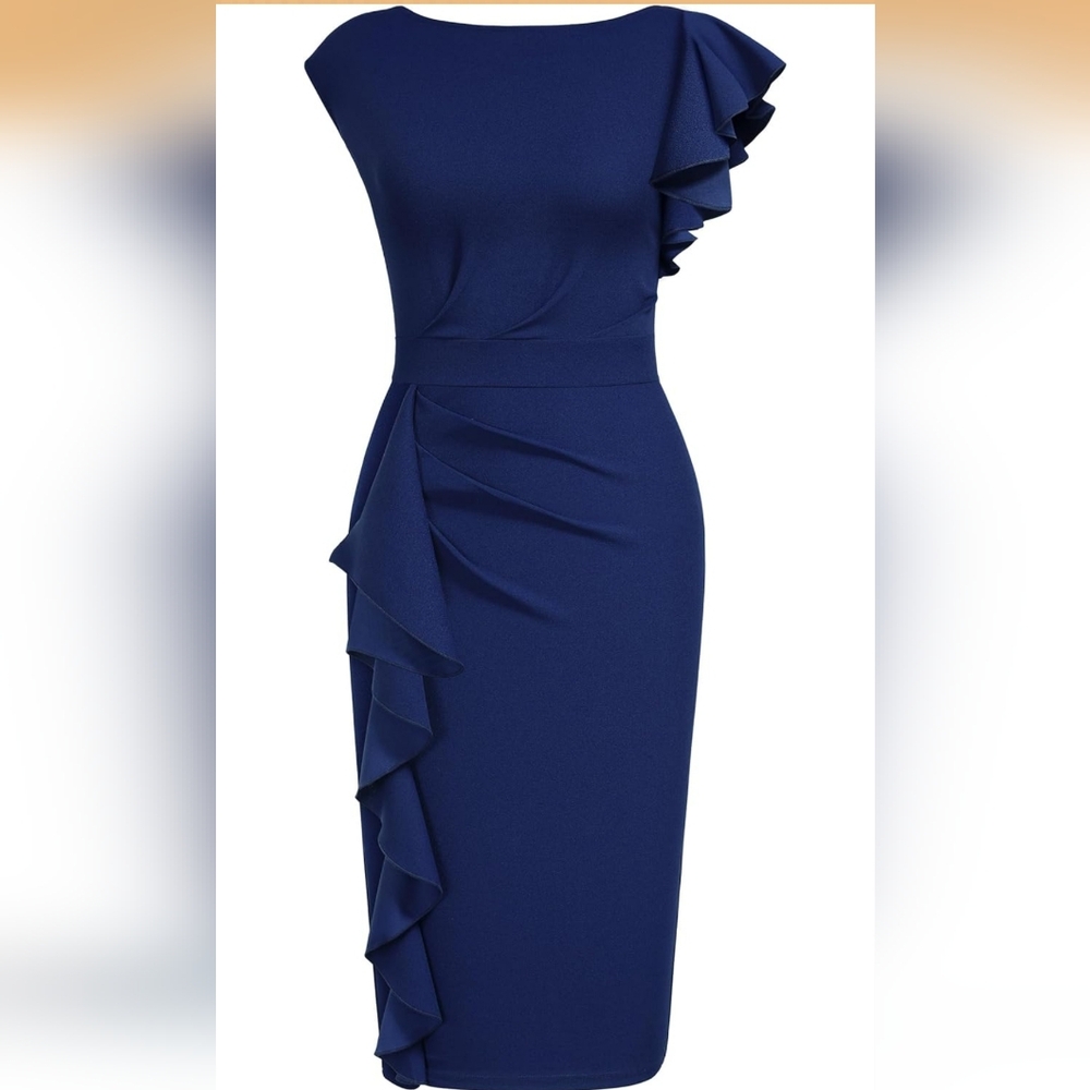 Aisize, womens (XL) Elegant Navy Blue Ruffle Dress